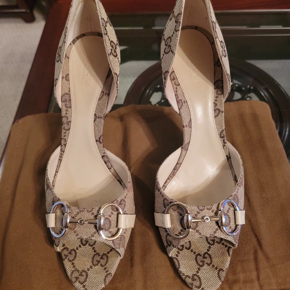 Gucci GG Canvas Hollywood Horsebit Heels 9.5 Brown